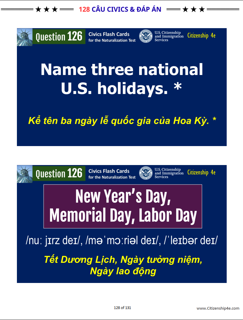 128 CÂU CIVICS CHO THI QUỐC TỊCH MỸ (2025-Theo thứ tự)