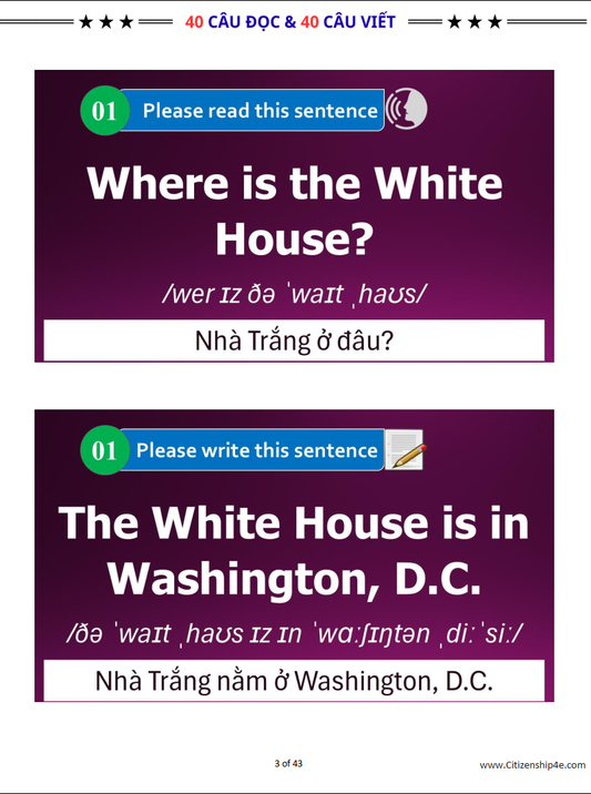 40 CÂU ĐỌC & 40 CÂU VIẾT CHI THI QUỐC TỊCH MỸ