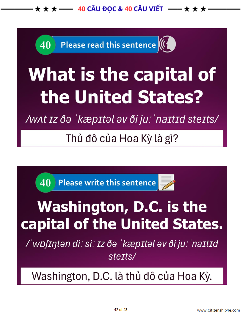 40 CÂU ĐỌC & 40 CÂU VIẾT CHI THI QUỐC TỊCH MỸ