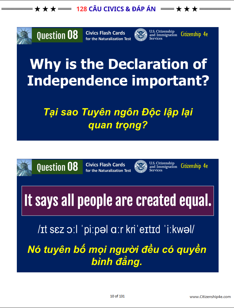 128 CÂU CIVICS CHO THI QUỐC TỊCH MỸ (2025-Theo thứ tự)