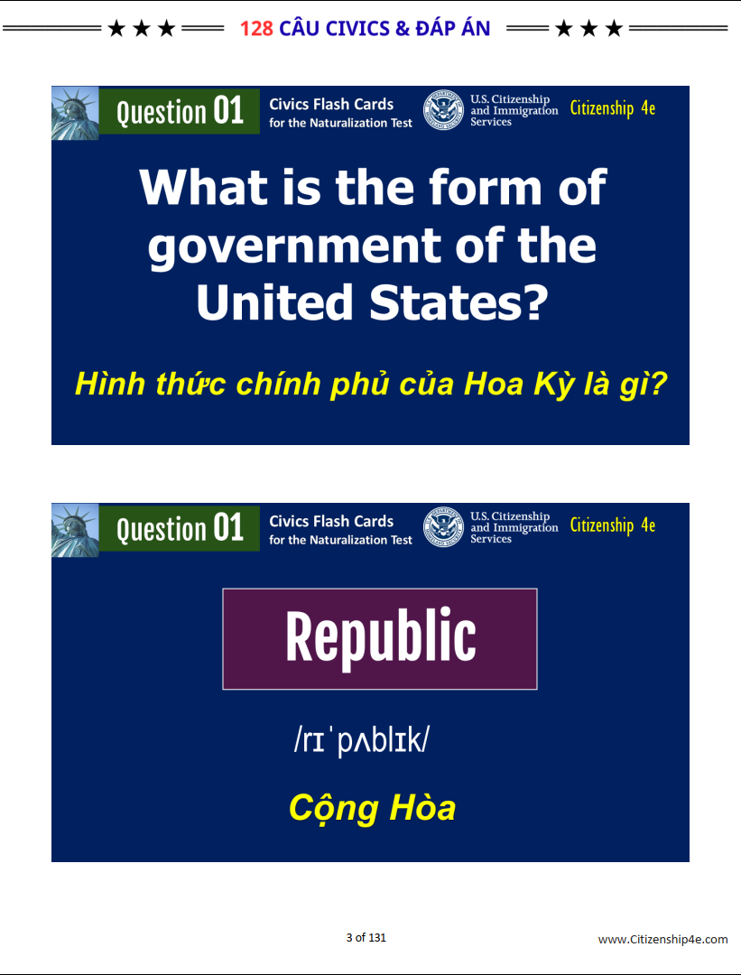 128 CÂU CIVICS CHO THI QUỐC TỊCH MỸ (2025-Theo thứ tự)
