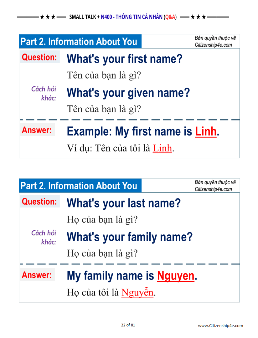 Small Talk & N400 Câu Hỏi Thông Tin Cá Nhân cho Thi Quốc Tịch Mỹ 2026
