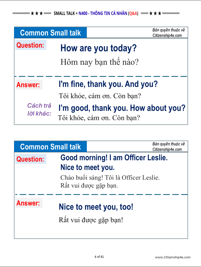 Small Talk & N400 Câu Hỏi Thông Tin Cá Nhân cho Thi Quốc Tịch Mỹ 2026