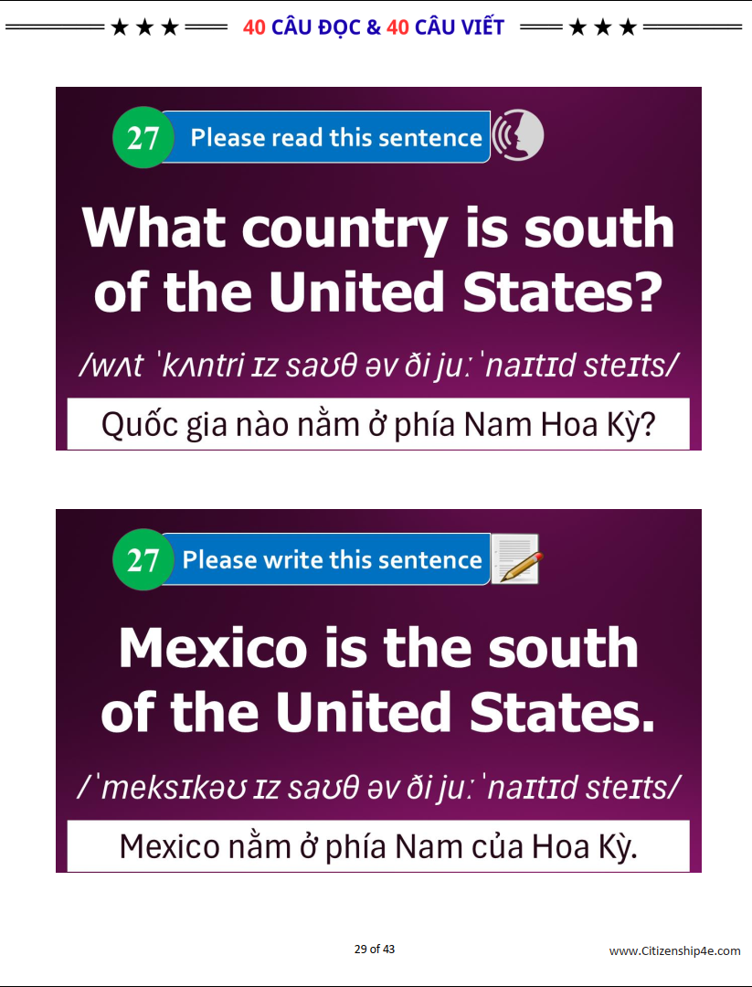 40 CÂU ĐỌC & 40 CÂU VIẾT CHI THI QUỐC TỊCH MỸ