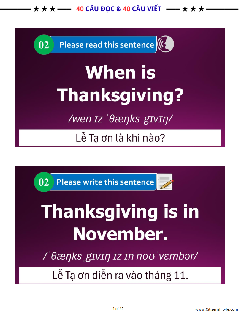 40 CÂU ĐỌC & 40 CÂU VIẾT CHI THI QUỐC TỊCH MỸ