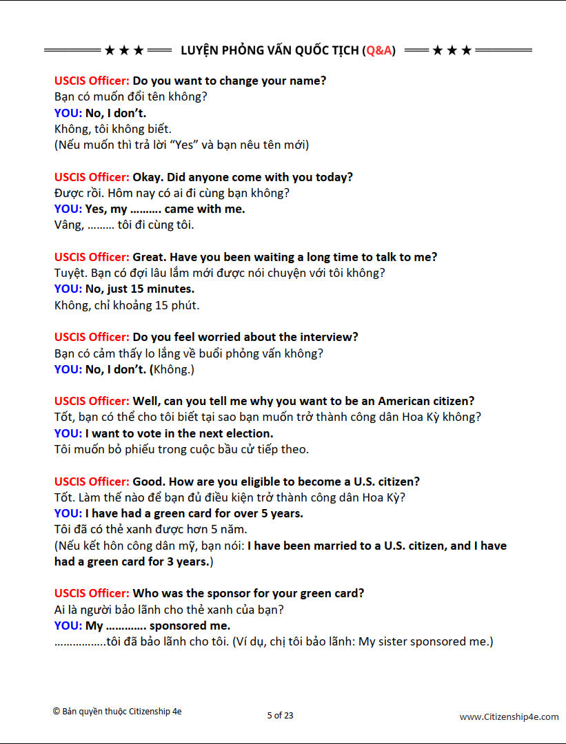 PHỎNG VẤN QUỐC TỊCH MỸ 2026 – Luyện Nói và trả lời đáp án