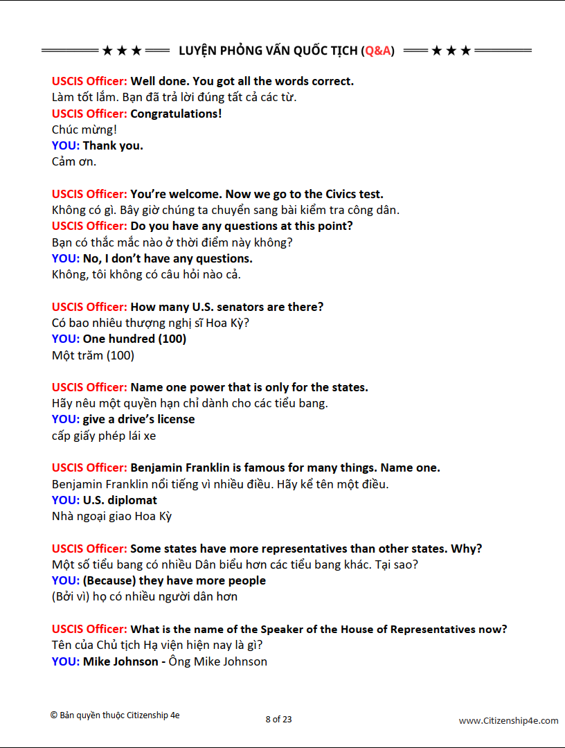 PHỎNG VẤN QUỐC TỊCH MỸ 2026 – Luyện Nói và trả lời đáp án